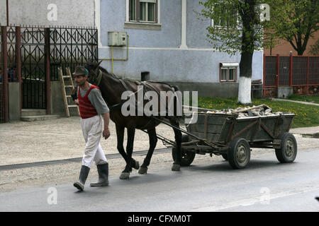 18 avril 2007 - Copsa Mica, Transylvanie, Roumanie - Homme avec de chariot tiré par des chevaux. Copsa Mica, petite ville de Transylvanie était considéré comme l'un des cinq pires sites industriels pollués du monde communiste. Une fonderie de zinc et une usine de noir de carbone et les métaux lourds crachant de la poussière noire sur une longueur de 2 Banque D'Images