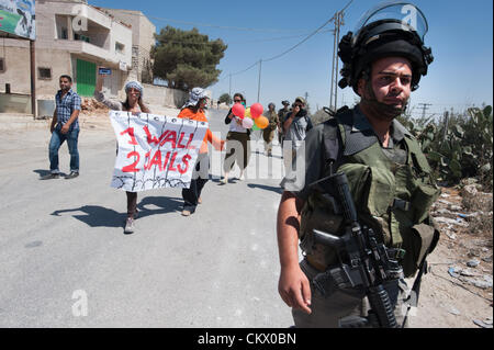 AL MA'SARA, CISJORDANIE - 24 août 2012 : les militants de la solidarité italienne portent une bannière à lire '1 Mur, 2 maisons d' dans une manifestation non-violente hebdomadaire contre le mur de séparation qui aurait coupé le village d'al Ma'sara de ses terres agricoles. Banque D'Images