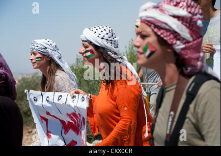 AL MA'SARA, CISJORDANIE - 24 août 2012 : les militants de la solidarité italienne inscrivez-vous palestiniens dans une manifestation non-violente hebdomadaire contre le mur de séparation qui aurait coupé le village d'al Ma'sara de ses terres agricoles. Banque D'Images