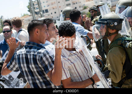 AL MA'SARA, CISJORDANIE - 24 août 2012 : les Palestiniens face à des soldats israéliens lourdement armés dans une manifestation non-violente hebdomadaire contre le mur de séparation qui aurait coupé le village d'al Ma'sara de ses terres agricoles. Banque D'Images