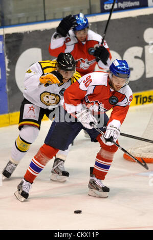 Le 24 août 2012. Match de hockey sur glace trophée européen, la Division de l'Est, CSOB Pojistovna HC Pardubice vs Brynas si à Pardubice, République tchèque. Robert Kousal (gauche) de Pardubice et Daniel Widing de Brynas. (Photo/CTK Josef Vostarek) Banque D'Images