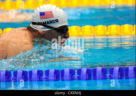 Stratford, London, UK. Jeudi 30 août 2012. Michael Demarco en action pendant la 50m brasse SB2 chauffe le jour 1 de les Jeux Paralympiques de 2012 à Londres au centre aquatique. Banque D'Images