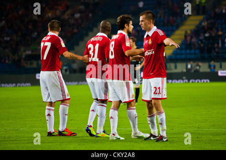 31 août 2012, Cracovie (pol. Cracovie, Pologne) - Troisième série d'Extraleague de football polonais. Wisla joueurs lors de Wisla Cracovie v Polonia Warszawa match. Wisla est défait 1:3 par Polonia. Banque D'Images