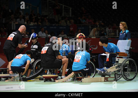 Stratford, London, UK. 4e septembre 2012. La Belgique contre la Corée en action au cours de la Boccia les paires mixtes BC3 le jour 6 de les Jeux Paralympiques de Londres 2012 à l'ExCel Centre. Banque D'Images