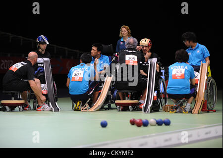 Stratford, London, UK. 4e septembre 2012. La Belgique et la Corée en action au cours de la Boccia les paires mixtes BC3 le jour 6 de les Jeux Paralympiques de Londres 2012 à l'ExCel Centre. Banque D'Images