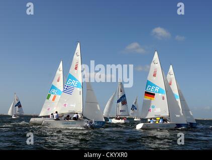 Jeux Paralympiques de Londres 2012 : course de voile classe Sonar le 05 septembre, 2012 Photo par : DORSET MEDIA SERVICE Banque D'Images