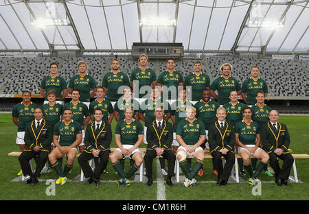 DUNEDIN, Nouvelle-zélande - 14 SEPTEMBRE : Afrique du Sud posent pour une photo de l'équipe des Springboks d'Afrique du Sud au cours de l'exécution du capitaine à Forsyth Barr Stadium le 14 septembre 2012 à Dunedin, Nouvelle-Zélande. (Photo par Sandra UM/Getty Images) Banque D'Images