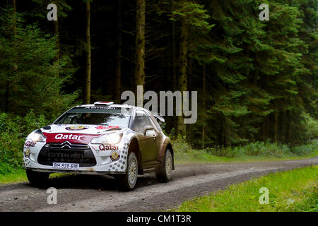 15.09.2012 Powys, Pays de Galles. Nasser Al-Attiyah (QAT) et G Co-Driver Bernacchini (ITA) dans le # 7 Qatar World Rally Team Citroen DS3 WRC en action sur la seconde passe de l'étape de Crychan (SS10) au cours de la deuxième journée de Wales Rally GB, série 10 de la FIA Word Rally Championship. Banque D'Images