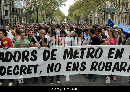 Les employés de la Metro Barcelona protester contre l'austérité dans le secteur des transports au cours d'une grève générale de 24 heures sur 17 septembre 2012 à Barcelone, Espagne. Banque D'Images