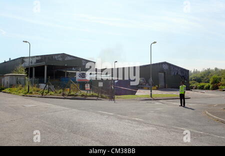 22 Septembre 2012 Les chips réel appartenant à l'usine d'aliments à Crumlin, Lincolnshire, South Wales, UK. Un homme d'Abertillery a comparu devant les magistrats accusés d'incendie criminel. Banque D'Images