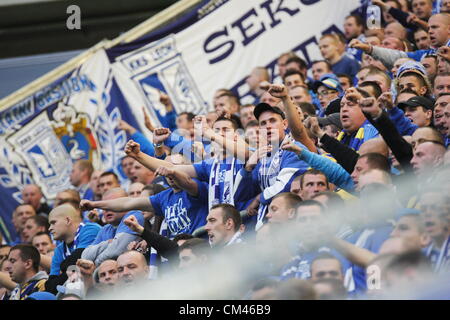 Gdansk, Pologne 30 juin, septembre 2012 Polish Football Ligue 1 - T-Mobile Ekstraklasa. Lech Poznan fans au cours de Pagan v Gdansk Lech Poznan match au stade PGE Arena Gdansk Banque D'Images