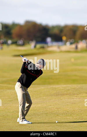 04 octobre 2012. Michael Phelps en compétition dans le Tour Européen Alfred Dunhill Links Championship, Tournoi de Golf joué sur le parcours de Golf de Carnoustie. Crédit obligatoire : Mitchell Gunn/ESPA Banque D'Images