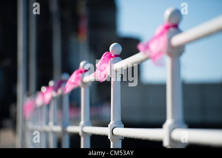 Aberystwyth, Pays de Galles, Royaume-Uni. 6 octobre 2012. Ruban Rose à l'appui de la famille des disparus, présumé assassiné, maintenant 5 ans Avril JONES, est liée à la grille sur la promenade à Aberystwyth. Credit : Keith morris / Alamy Live News Banque D'Images