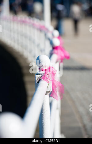 Aberystwyth, Pays de Galles, Royaume-Uni. 6 octobre 2012. Ruban Rose à l'appui de la famille des disparus, présumé assassiné, maintenant 5 ans Avril JONES, est liée à la grille sur la promenade à Aberystwyth. Credit : Keith morris / Alamy Live News Banque D'Images