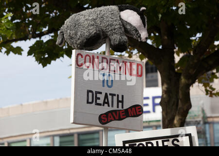 Birmingham, UK. 7 octobre 2012. Pour protester contre la réforme du blaireau. Au début du congrès du parti conservateur à Birmingham. Banque D'Images