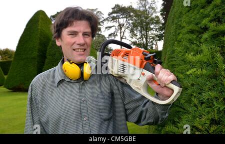 Athelhampton, Dorset, UK. 8 octobre 2012. Patrick Cooke consacre près de deux semaines de chaque année sur une échelle de 12 pieds de haut 30 iconique Yew Tree pyramides de sa demeure seigneuriale à Athelhampton Dorset. Photo par : DORSET MEDIA SERVICE Banque D'Images