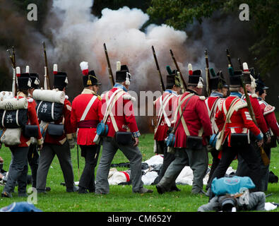 Comme les soldats britanniques Recherche avancée samedi Octobre 13/2012, ils ont fait face à un tir de canon (explosion explosion truquées) lors de la 200e anniversaire re reconstitution de la bataille de Queenston Heights, une guerre de 1812, bataille de Queenston (Ontario), Canada. Photo par J.T. Lewis Banque D'Images