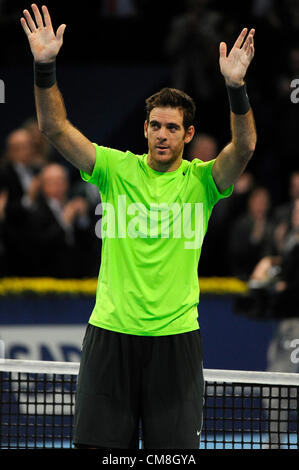 28.10.2012 Bâle, Suisse. Juan Martin Del Potro de l'Argentine célèbre la victoire après la Swiss Indoors ATP World Tour 500 finale entre Roger Federer de Suisse et Juan Martin Del Potro, de l'Argentine à partir de St. Jakobshalle Banque D'Images