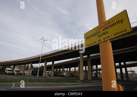 Gdynia, Pologne 1er novembre 2012 , les autorités de la Ville de Gdynia en garde sur les piliers de la plus grande en Pologne survol . Flyover nommé 'Estakada Kwiatkowskiego" construite en 1970 est en très mauvais état. C'est route principale reliant Port Gdynia , contenant et ferry terminal avec l'autoroute A1. Les autorités de la ville près de 50 millions d'euros les besoins de rénovation Kwiatkowskiego flyover Banque D'Images