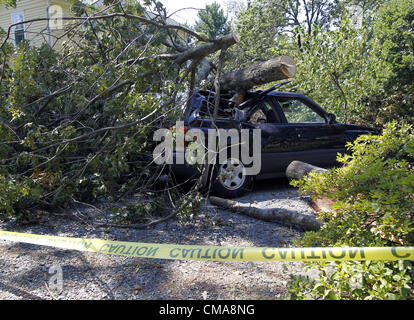 Le 2 juillet 2012 - Charlottesville, Virginie, États-Unis - un grand arbre broyé dans un véhicule sur la rue George Ave. à Crozet, VA. Des vents violents de la tempête du vendredi soir de nombreux arbres abattus et a causé des pannes de courant à travers la région. (Crédit Image : © Andrew Shurtleff/ZUMAPRESS.com) Banque D'Images