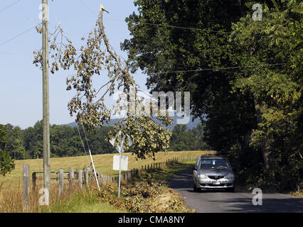 Le 2 juillet 2012 - Charlottesville, Virginie, États-Unis - un véhicule dans une grande branche accroché sur une ligne d'alimentation sur Batesville Road à Albemarle County, en Virginie, les vents violents de la tempête du vendredi soir de nombreux arbres abattus et a causé des pannes de courant à travers la région. (Crédit Image : © Andrew Shurtleff/ZUMAPRESS.com) Banque D'Images