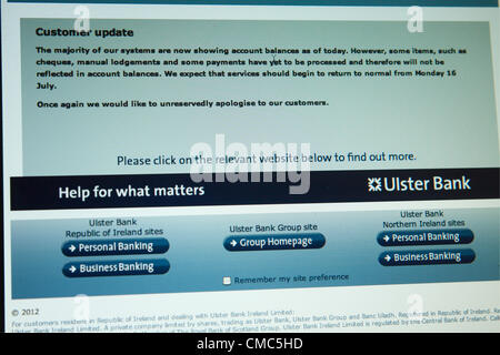 15 juillet 2012, au Royaume-Uni. Mise à jour sur le site Web sur les progrès réalisés dans le règlement des questions techniques pour Ulster Bank les clients qui ont des problèmes avec leurs comptes depuis le 19 juin. Banque D'Images