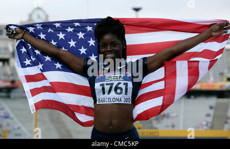 15.07.2012 Barcelone, Espagne. Morgan Snow USA remporte la médaille d'or au 100 mètres haies pour les femmes - Final lors de la sixième journée des Championnats du monde junior de l'IAAF de la Stade olympique de Montjuic à Barcelone. Banque D'Images