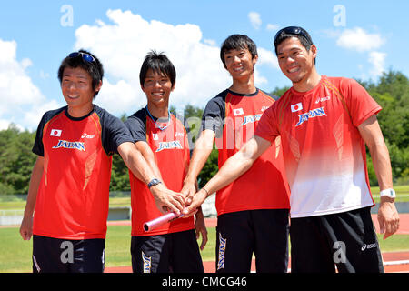 (L à R) Hiroyuki Nakano (JPN), Yoshiro Azuma (JPN), Kei Takase (JPN), Yuzo Kanemaru (JPN), le 17 juillet 2012 - Athlétisme : le Japon de l'Équipe nationale d'athlétisme Hommes et femmes au cours de courte distance et de la formation des membres de l'obstacle avant les Jeux Olympiques de Londres 2012 à Fujihokuroku Park stade de l'athlétisme, Yamanashi, au Japon. (Photo de Jun Tsukida/AFLO SPORT) [0003] Banque D'Images