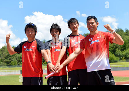 (L à R) Hiroyuki Nakano (JPN), Yoshiro Azuma (JPN), Kei Takase (JPN), Yuzo Kanemaru (JPN), le 17 juillet 2012 - Athlétisme : le Japon de l'Équipe nationale d'athlétisme Hommes et femmes au cours de courte distance et de la formation des membres de l'obstacle avant les Jeux Olympiques de Londres 2012 à Fujihokuroku Park stade de l'athlétisme, Yamanashi, au Japon. (Photo de Jun Tsukida/AFLO SPORT) [0003] Banque D'Images