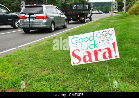 Appuyer sur l'affiche pour le Connecticut Rower Hendershot Sara qui s'est qualifié pour les Jeux Olympiques d'été en finale. Avon, Massachusetts, USA Banque D'Images