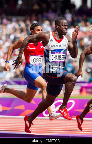 Londres, Royaume-Uni. Samedi 4 août 2012. Dwain Chambers (GBR) en compétition dans l'épreuve du 100m à la ronde 1 les Jeux Olympiques d'été de Londres 2012. Banque D'Images