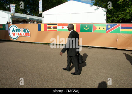 5 août 2012. London UK. Le Village de l'Afrique dans les jardins de Kensington. De nombreux pays ont mis en place des maisons d'accueil durant les Jeux Olympiques de Londres en 2012 pour promouvoir les cultures nationales et de divertir les athlètes Banque D'Images