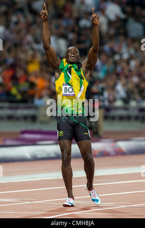 9 août 2012. Usain Bolt (JAM) après avoir remporté le 200m masculin en Finale des Jeux Olympiques d'été, Londres 2012 Banque D'Images