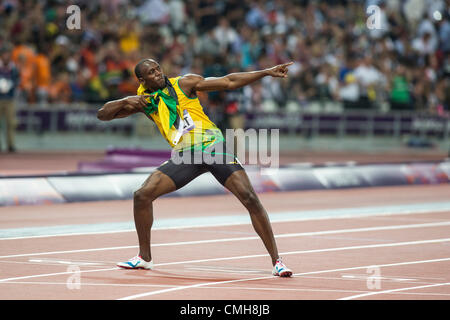 9 août 2012. Usain Bolt (JAM) après avoir remporté le 200m masculin en Finale des Jeux Olympiques d'été, Londres 2012 Banque D'Images