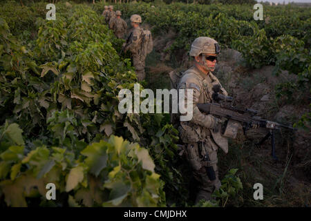 12 août 2012 - Zharay District, Province de Kandahar, Afghanistan - la CPS. Terrance Harmon du 2e Peloton, la Compagnie Alpha, 1-17, l'infanterie se déplace dans un champ de raisin pendant une opération pour retirer le couvercle de l'arbre utilisé par les chasseurs ennemis près de COP Ghundy Zharay Ghar en district, province de Kandahar le dimanche, Août 12, 2012. (Crédit Image : ¬© ANDREW A. Nelles/ZUMA Press) Banque D'Images