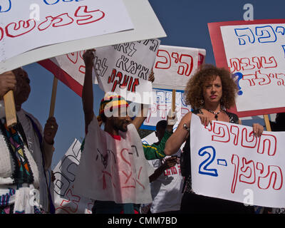 Jérusalem, Israël. 5-Nov-2013. Membres de Beta-Israel, la communauté éthiopienne juive, démontrer dans la solidarité à l'extérieur de la Cour suprême de l'ensemble du pays. Les protestations de la communauté juive éthiopienne à l'appui d'une famille de requête à la Cour suprême de renverser une décision concernant la garde d'un enfant de trois ans enlevé par l'enfance de sa bonne mère, affirmant avoir des revendications des préjugés raciaux. Credit : Alon Nir/Alamy Live News Banque D'Images