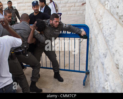 Jérusalem, Israël. 5-Nov-2013. Les manifestants éthiopiens déployés police insuffisante submerger, briser les barrières installées par la police et l'avance sur les portes de la Cour suprême israélienne. Les protestations de la communauté juive éthiopienne à l'appui d'une famille de requête à la Cour suprême de renverser une décision concernant la garde d'un enfant de trois ans enlevé par l'enfance de sa bonne mère, affirmant avoir des revendications des préjugés raciaux. Credit : Alon Nir/Alamy Live News Banque D'Images