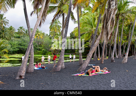 USA, Hawaii, Ka'u (île du Sud). Les visiteurs apprécient la Punalu'u plage de sable noir. Banque D'Images