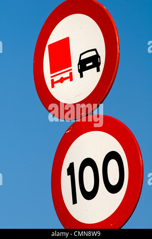 Close up de panneaux de circulation autoroute européenne contre un ciel bleu Banque D'Images