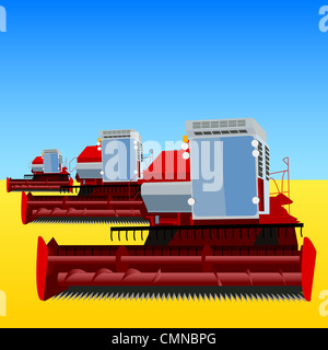 Moissonneuse-batteuse, sur un champ de blé avec un ciel bleu Banque D'Images