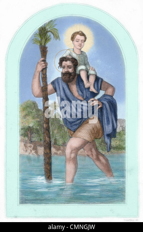 Saint Christophe portant le Christ enfant. 3e siècle. Gravure en couleur. 19e siècle. Banque D'Images