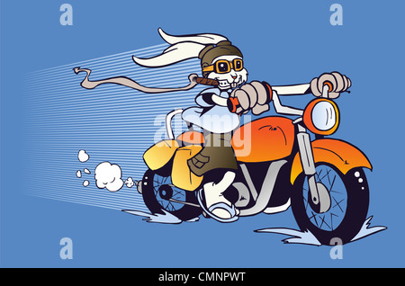 Un lapin, monté sur une moto dans l'arrière-plan style cartoon illustration. Couches de fichier vectoriel pour une manipulation facile et coloris. Banque D'Images