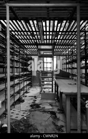 Lignes d'étagères vides dans usine abandonnée salle de stockage. Noir et blanc. Banque D'Images