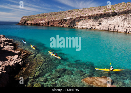 Kayak de mer le long de l'île d'Espiritu Santo dans la mer de Cortez, Baja California, Mexique. Banque D'Images