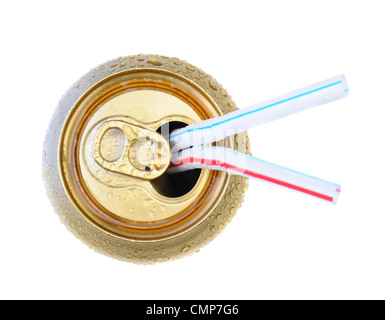 Deux pailles dans un soda. Vue de dessus plus blanc. Banque D'Images