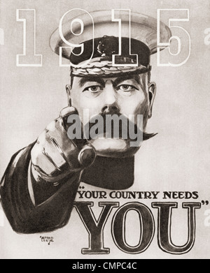 Le recrutement en temps de guerre britannique affiche représentant Lord Kitchener avec les mots "votre pays a besoin de vous' et la date 1915. Banque D'Images