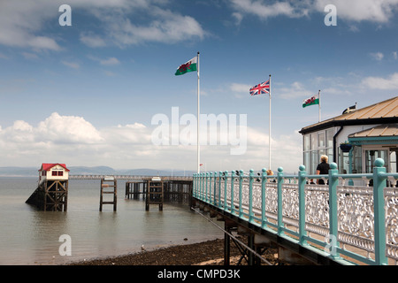 Royaume-uni, Pays de Galles, Swansea, drapeaux flottants au-dessus de Mumbles Pier en soleil Banque D'Images