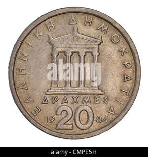 Parthénon, temple de la Grèce antique, schématiquement représenté sur les vieux distribué 20 Drachme coin de 1984 Banque D'Images