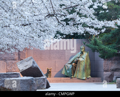 Début de floraison des cerisiers japonais entourent le monument éclairé de Franklin Delano Roosevelt à DC Banque D'Images