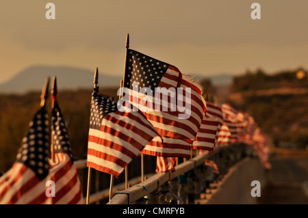 Drapeaux américain attaché à un pont au-dessus de la rivière de Santa Cruz dans le vent souffler à Green Valley, Arizona, USA. Banque D'Images